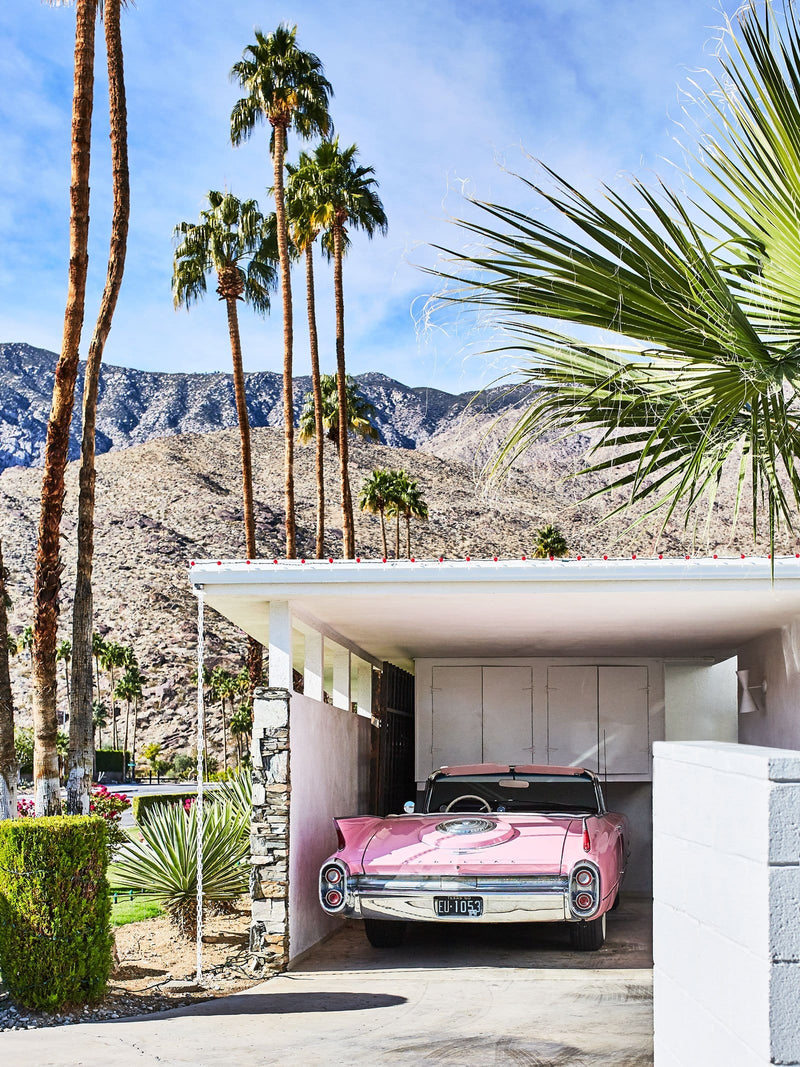 Portrait photography art print Mid-Century Architecture House Palm Springs, California (Los Angeles) Vintage Pink Cadillac Car. Tropical Palm Trees, Cactus. This print has a white border (measuring 4cm - 5cm depending on print size), around the print when it is framed as a wall art home décor print interior design. Palm Springs Wall Art, Palm Springs Artwork, Palm Springs Art Print, Palm Springs Poster, Mid-Century Print Poster, Architectural, Modern Photographic Wall Art Print Poster, Car Print Artwork.