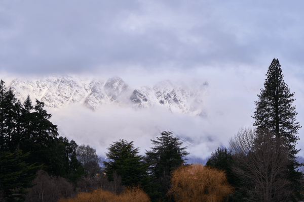 Beyond the Pines fine art landscape print featuring snow-covered New Zealand mountains and foggy alpine terrain. Moody Queenstown photography wall art, perfect for winter interiors. Premium giclée print on archival paper. Ideal for modern home décor, minimalist design, and Scandinavian-style spaces. Available from Melbourne Print Studio, part of the Snowdrift Collection.