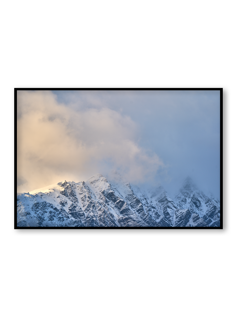 Blind Summit fine art landscape print featuring snow-covered New Zealand mountains and foggy alpine terrain. Moody Queenstown photography wall art, perfect for winter interiors. Premium giclée print on archival paper. Ideal for modern home décor, minimalist design, and Scandinavian-style spaces. Available from Melbourne Print Studio, part of the Snowdrift Collection.