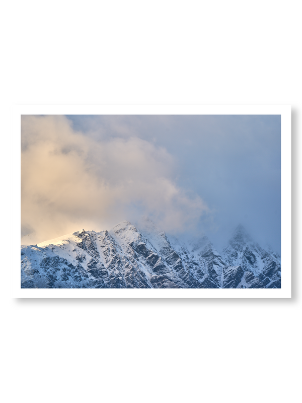 Blind Summit fine art landscape print featuring snow-covered New Zealand mountains and foggy alpine terrain. Moody Queenstown photography wall art, perfect for winter interiors. Premium giclée print on archival paper. Ideal for modern home décor, minimalist design, and Scandinavian-style spaces. Available from Melbourne Print Studio, part of the Snowdrift Collection.