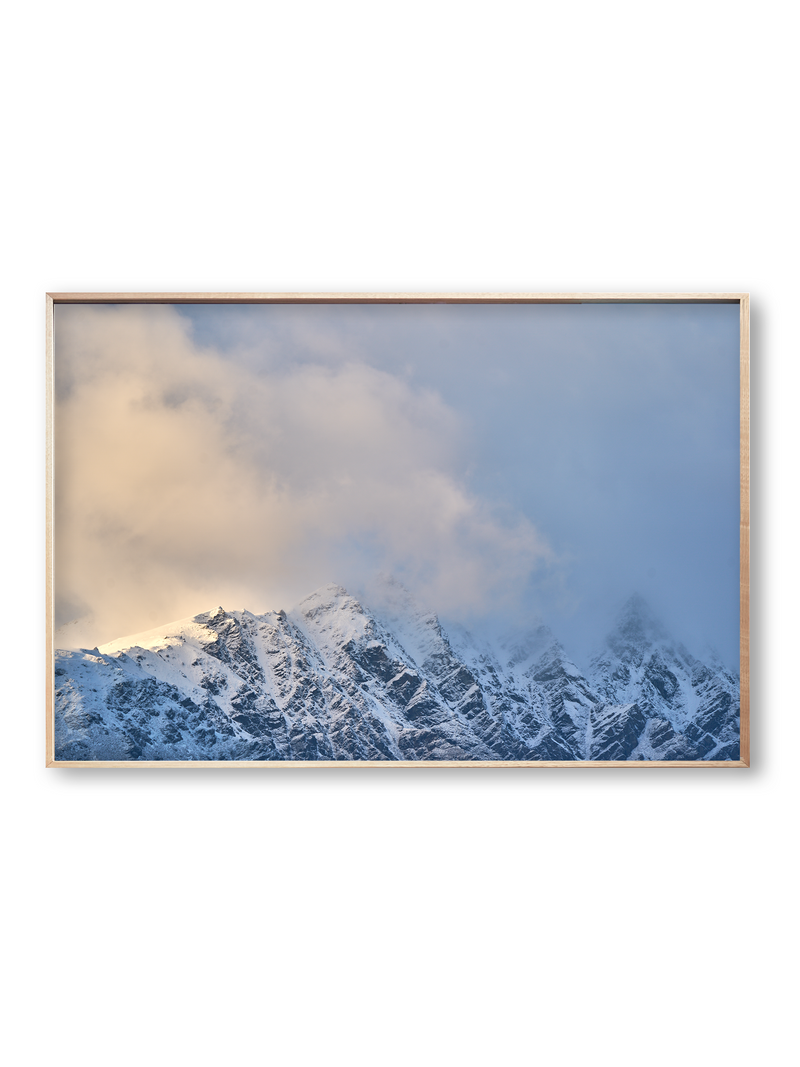 Blind Summit fine art landscape print featuring snow-covered New Zealand mountains and foggy alpine terrain. Moody Queenstown photography wall art, perfect for winter interiors. Premium giclée print on archival paper. Ideal for modern home décor, minimalist design, and Scandinavian-style spaces. Available from Melbourne Print Studio, part of the Snowdrift Collection.