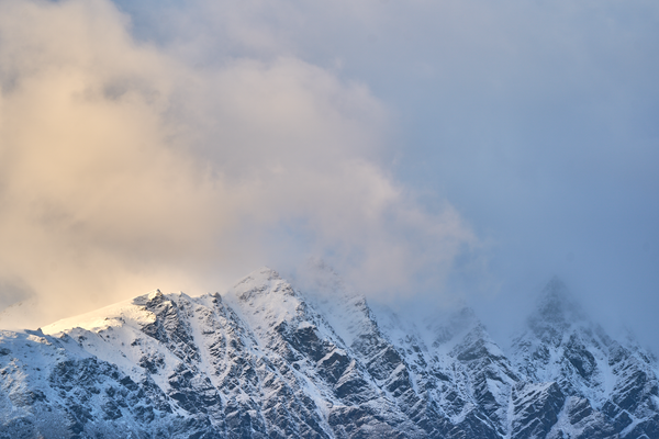 Blind Summit fine art landscape print featuring snow-covered New Zealand mountains and foggy alpine terrain. Moody Queenstown photography wall art, perfect for winter interiors. Premium giclée print on archival paper. Ideal for modern home décor, minimalist design, and Scandinavian-style spaces. Available from Melbourne Print Studio, part of the Snowdrift Collection.