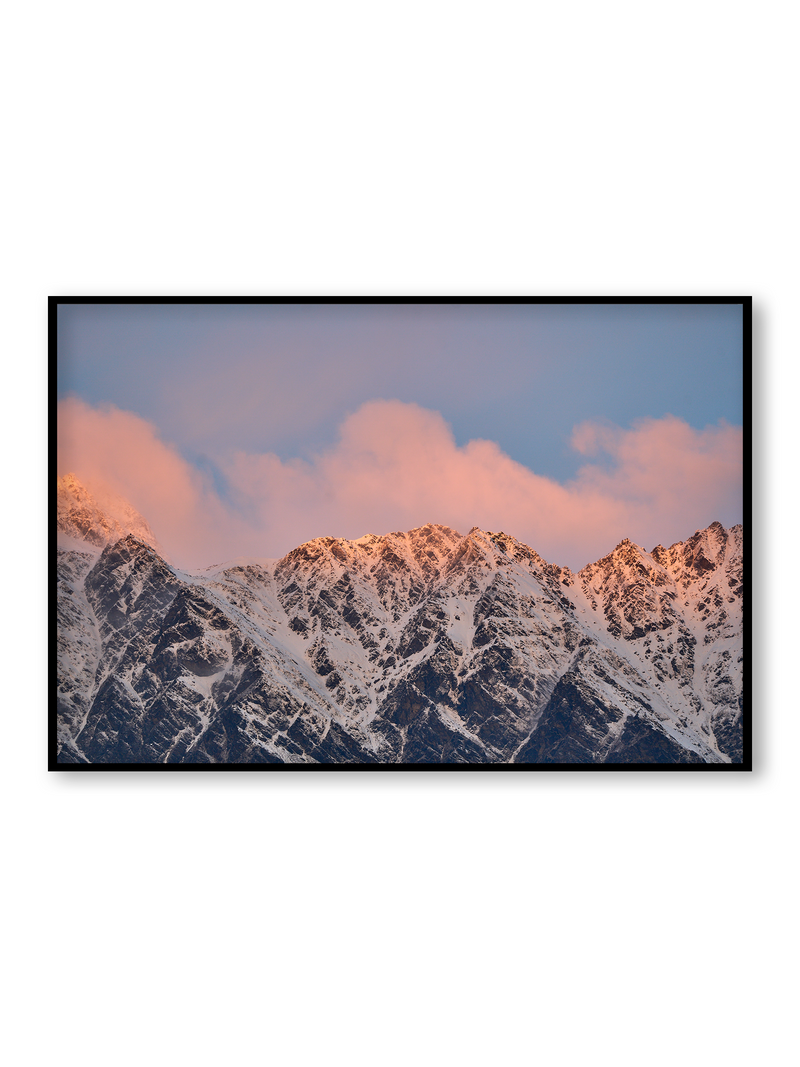Cloud Ridge fine art landscape print featuring snow-covered New Zealand mountains and foggy alpine terrain. Moody Queenstown photography wall art, perfect for winter interiors. Premium giclée print on archival paper. Ideal for modern home décor, minimalist design, and Scandinavian-style spaces. Available from Melbourne Print Studio, part of the Snowdrift Collection.