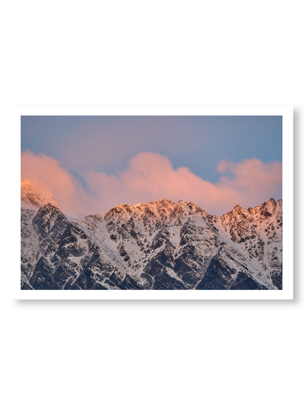 Cloud Ridge fine art landscape print featuring snow-covered New Zealand mountains and foggy alpine terrain. Moody Queenstown photography wall art, perfect for winter interiors. Premium giclée print on archival paper. Ideal for modern home décor, minimalist design, and Scandinavian-style spaces. Available from Melbourne Print Studio, part of the Snowdrift Collection.