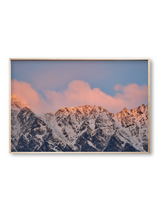 Cloud Ridge fine art landscape print featuring snow-covered New Zealand mountains and foggy alpine terrain. Moody Queenstown photography wall art, perfect for winter interiors. Premium giclée print on archival paper. Ideal for modern home décor, minimalist design, and Scandinavian-style spaces. Available from Melbourne Print Studio, part of the Snowdrift Collection.