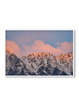 Cloud Ridge fine art landscape print featuring snow-covered New Zealand mountains and foggy alpine terrain. Moody Queenstown photography wall art, perfect for winter interiors. Premium giclée print on archival paper. Ideal for modern home décor, minimalist design, and Scandinavian-style spaces. Available from Melbourne Print Studio, part of the Snowdrift Collection.