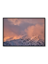 Daybreak fine art landscape print featuring snow-covered New Zealand mountains and foggy alpine terrain. Moody Queenstown photography wall art, perfect for winter interiors. Premium giclée print on archival paper. Ideal for modern home décor, minimalist design, and Scandinavian-style spaces. Available from Melbourne Print Studio, part of the Snowdrift Collection.