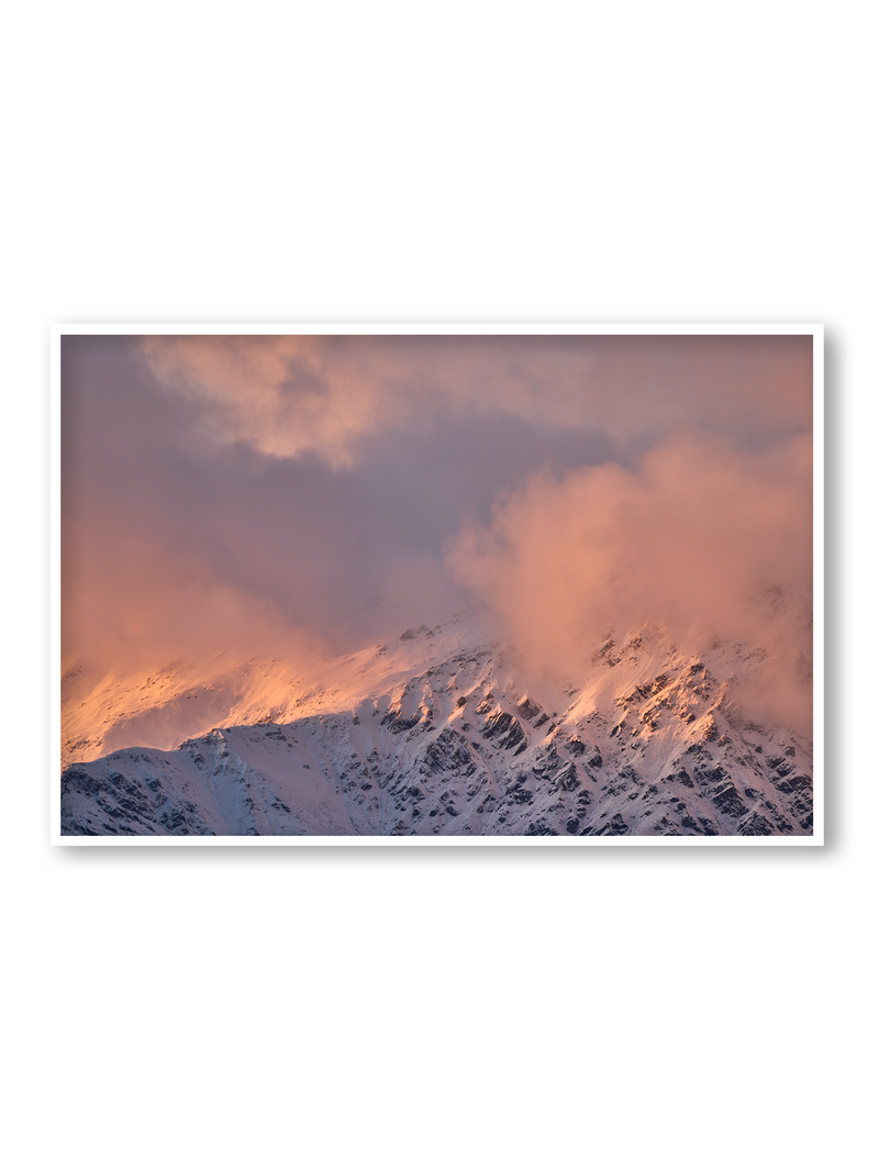 Daybreak fine art landscape print featuring snow-covered New Zealand mountains and foggy alpine terrain. Moody Queenstown photography wall art, perfect for winter interiors. Premium giclée print on archival paper. Ideal for modern home décor, minimalist design, and Scandinavian-style spaces. Available from Melbourne Print Studio, part of the Snowdrift Collection.