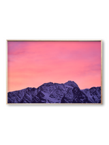 First Light fine art landscape print featuring snow-covered New Zealand mountains and foggy alpine terrain. Moody Queenstown photography wall art, perfect for winter interiors. Premium giclée print on archival paper. Ideal for modern home décor, minimalist design, and Scandinavian-style spaces. Available from Melbourne Print Studio, part of the Snowdrift Collection.