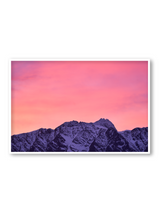 First Light fine art landscape print featuring snow-covered New Zealand mountains and foggy alpine terrain. Moody Queenstown photography wall art, perfect for winter interiors. Premium giclée print on archival paper. Ideal for modern home décor, minimalist design, and Scandinavian-style spaces. Available from Melbourne Print Studio, part of the Snowdrift Collection.