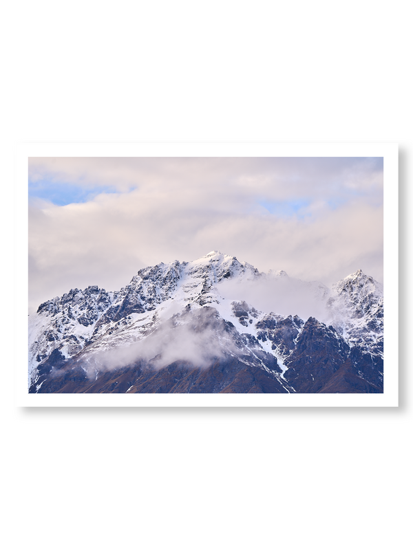 Frost Snap fine art landscape print featuring snow-covered New Zealand mountains and foggy alpine terrain. Moody Queenstown photography wall art, perfect for winter interiors. Premium giclée print on archival paper. Ideal for modern home décor, minimalist design, and Scandinavian-style spaces. Available from Melbourne Print Studio, part of the Snowdrift Collection.