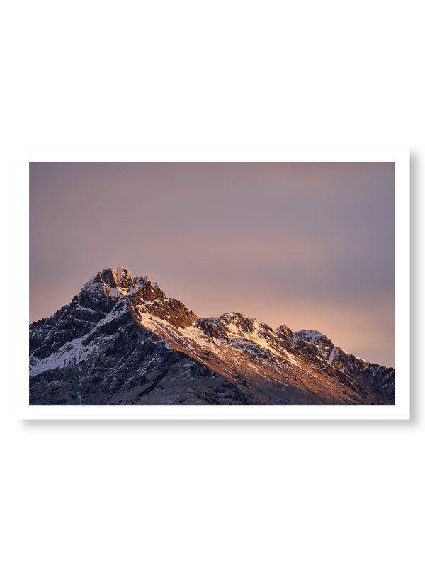 Last Light fine art landscape print featuring snow-covered New Zealand mountains and foggy alpine terrain. Moody Queenstown photography wall art, perfect for winter interiors. Premium giclée print on archival paper. Ideal for modern home décor, minimalist design, and Scandinavian-style spaces. Available from Melbourne Print Studio, part of the Snowdrift Collection.