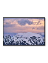 Snow Peak fine art landscape print featuring snow-covered New Zealand mountains and foggy alpine terrain. Moody Queenstown photography wall art, perfect for winter interiors. Premium giclée print on archival paper. Ideal for modern home décor, minimalist design, and Scandinavian-style spaces. Available from Melbourne Print Studio, part of the Snowdrift Collection.
