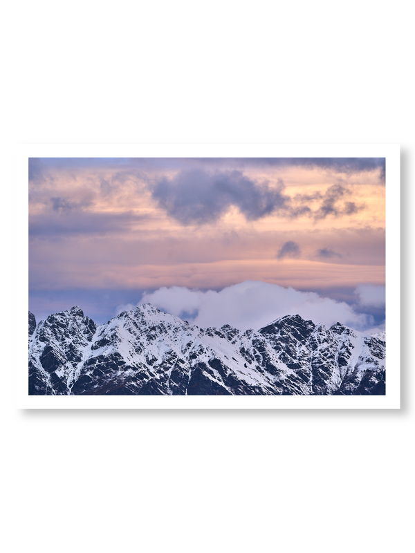 Snow Peak fine art landscape print featuring snow-covered New Zealand mountains and foggy alpine terrain. Moody Queenstown photography wall art, perfect for winter interiors. Premium giclée print on archival paper. Ideal for modern home décor, minimalist design, and Scandinavian-style spaces. Available from Melbourne Print Studio, part of the Snowdrift Collection.