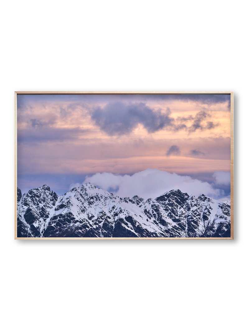 Snow Peak fine art landscape print featuring snow-covered New Zealand mountains and foggy alpine terrain. Moody Queenstown photography wall art, perfect for winter interiors. Premium giclée print on archival paper. Ideal for modern home décor, minimalist design, and Scandinavian-style spaces. Available from Melbourne Print Studio, part of the Snowdrift Collection.