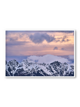 Snow Peak fine art landscape print featuring snow-covered New Zealand mountains and foggy alpine terrain. Moody Queenstown photography wall art, perfect for winter interiors. Premium giclée print on archival paper. Ideal for modern home décor, minimalist design, and Scandinavian-style spaces. Available from Melbourne Print Studio, part of the Snowdrift Collection.
