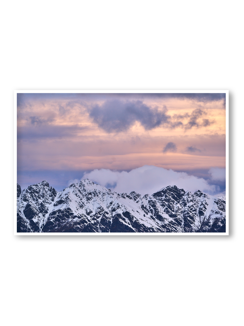 Snow Peak fine art landscape print featuring snow-covered New Zealand mountains and foggy alpine terrain. Moody Queenstown photography wall art, perfect for winter interiors. Premium giclée print on archival paper. Ideal for modern home décor, minimalist design, and Scandinavian-style spaces. Available from Melbourne Print Studio, part of the Snowdrift Collection.