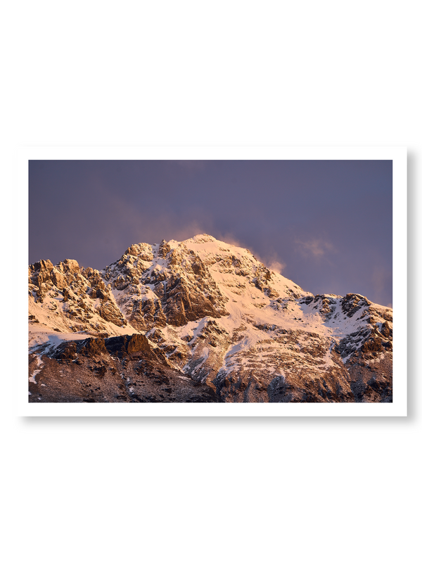 Spindrift fine art landscape print featuring snow-covered New Zealand mountains and foggy alpine terrain. Moody Queenstown photography wall art, perfect for winter interiors. Premium giclée print on archival paper. Ideal for modern home décor, minimalist design, and Scandinavian-style spaces. Available from Melbourne Print Studio, part of the Snowdrift Collection.