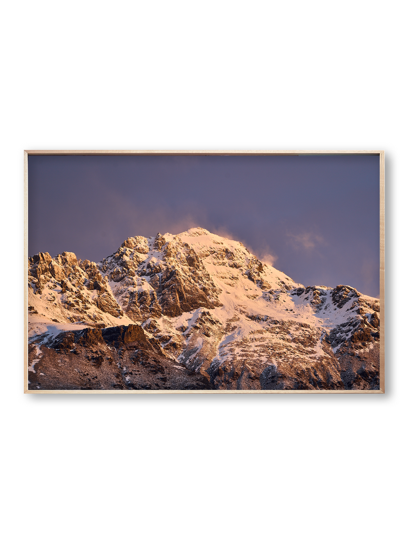 Spindrift fine art landscape print featuring snow-covered New Zealand mountains and foggy alpine terrain. Moody Queenstown photography wall art, perfect for winter interiors. Premium giclée print on archival paper. Ideal for modern home décor, minimalist design, and Scandinavian-style spaces. Available from Melbourne Print Studio, part of the Snowdrift Collection.