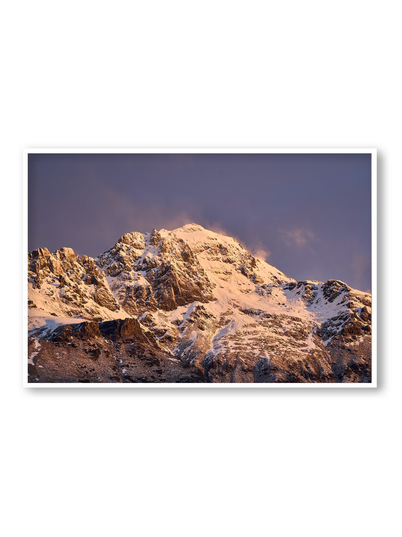 Spindrift fine art landscape print featuring snow-covered New Zealand mountains and foggy alpine terrain. Moody Queenstown photography wall art, perfect for winter interiors. Premium giclée print on archival paper. Ideal for modern home décor, minimalist design, and Scandinavian-style spaces. Available from Melbourne Print Studio, part of the Snowdrift Collection.