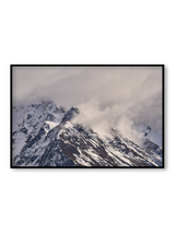 Whiteout fine art landscape print featuring snow-covered New Zealand mountains and foggy alpine terrain. Moody Queenstown photography wall art, perfect for winter interiors. Premium giclée print on archival paper. Ideal for modern home décor, minimalist design, and Scandinavian-style spaces. Available from Melbourne Print Studio, part of the Snowdrift Collection.