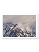 Whiteout fine art landscape print featuring snow-covered New Zealand mountains and foggy alpine terrain. Moody Queenstown photography wall art, perfect for winter interiors. Premium giclée print on archival paper. Ideal for modern home décor, minimalist design, and Scandinavian-style spaces. Available from Melbourne Print Studio, part of the Snowdrift Collection.