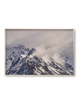 Whiteout fine art landscape print featuring snow-covered New Zealand mountains and foggy alpine terrain. Moody Queenstown photography wall art, perfect for winter interiors. Premium giclée print on archival paper. Ideal for modern home décor, minimalist design, and Scandinavian-style spaces. Available from Melbourne Print Studio, part of the Snowdrift Collection.