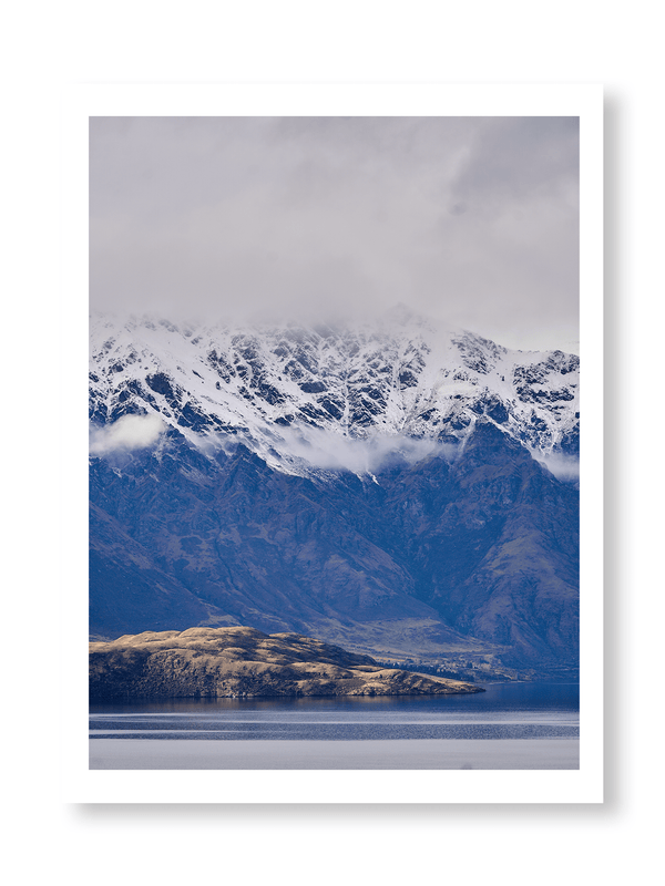 Cloud Fall, fine art landscape print, New Zealand mountain photography, snow-capped mountain wall art, moody alpine photo print, designer winter landscape wall art, fog and snow mountain print, Queenstown mountain art print, luxury home décor, fine art photography for interiors, minimalist wall print, contemporary nature photography, premium giclée print, Melbourne Print Studio, Australian Wall Prints, Scandinavian interior art, mountain range photography print, modern landscape wall décor