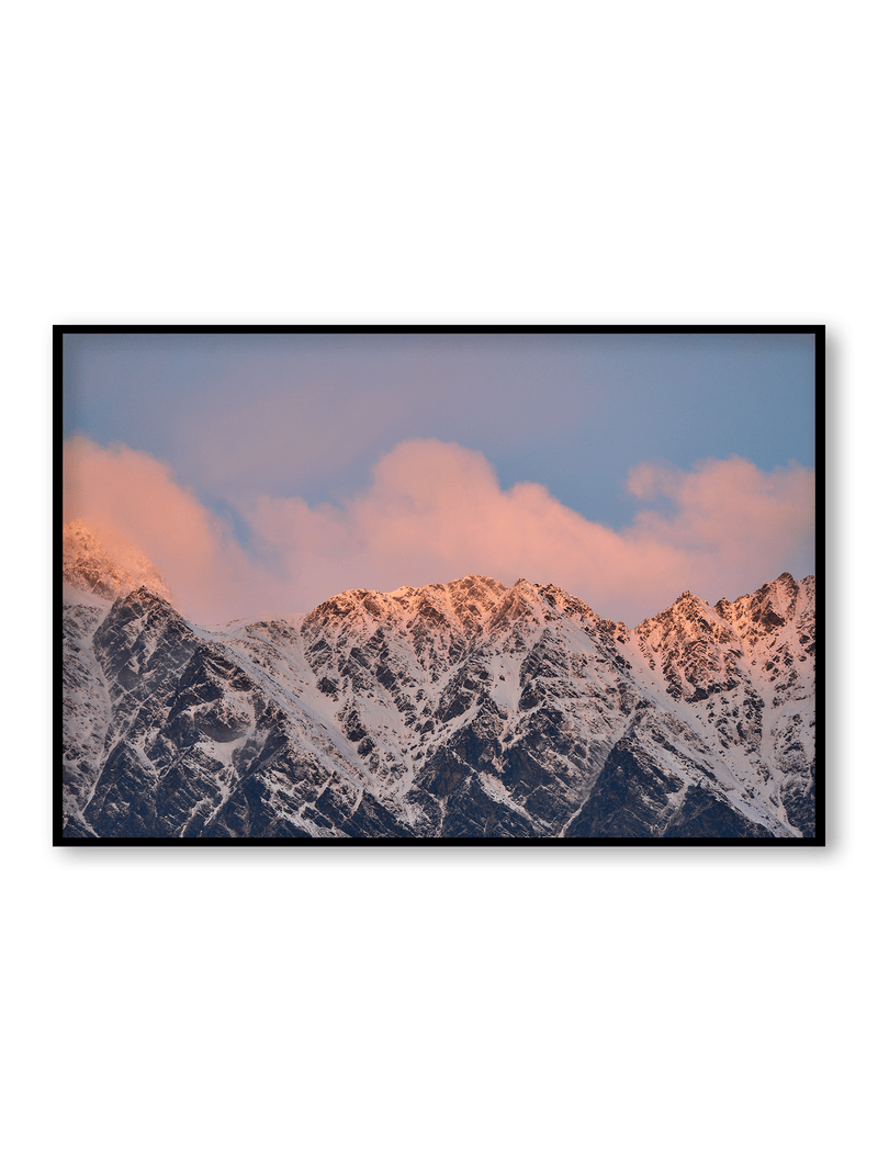 Cloud Ridge fine art landscape print featuring snow-covered New Zealand mountains and foggy alpine terrain. Moody Queenstown photography wall art, perfect for winter interiors. Premium giclée print on archival paper. Ideal for modern home décor, minimalist design, and Scandinavian-style spaces. Available from Melbourne Print Studio, part of the Snowdrift Collection.