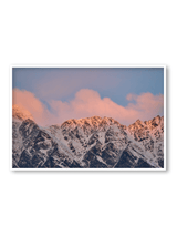 Cloud Ridge fine art landscape print featuring snow-covered New Zealand mountains and foggy alpine terrain. Moody Queenstown photography wall art, perfect for winter interiors. Premium giclée print on archival paper. Ideal for modern home décor, minimalist design, and Scandinavian-style spaces. Available from Melbourne Print Studio, part of the Snowdrift Collection.