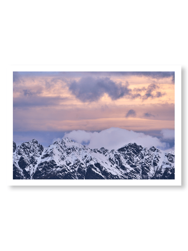 Snow Peak fine art landscape print featuring snow-covered New Zealand mountains and foggy alpine terrain. Moody Queenstown photography wall art, perfect for winter interiors. Premium giclée print on archival paper. Ideal for modern home décor, minimalist design, and Scandinavian-style spaces. Available from Melbourne Print Studio, part of the Snowdrift Collection.