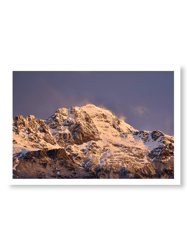 Spindrift fine art landscape print featuring snow-covered New Zealand mountains and foggy alpine terrain. Moody Queenstown photography wall art, perfect for winter interiors. Premium giclée print on archival paper. Ideal for modern home décor, minimalist design, and Scandinavian-style spaces. Available from Melbourne Print Studio, part of the Snowdrift Collection.
