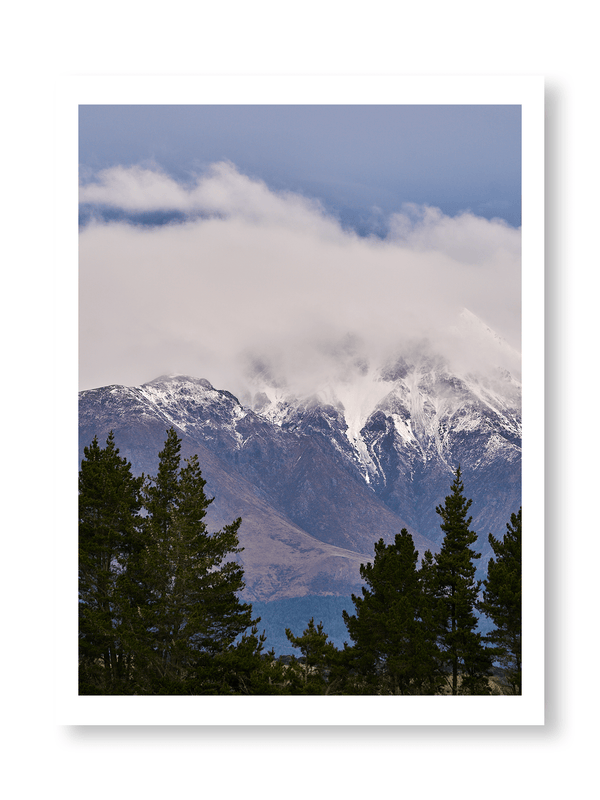 The Pines, fine art landscape print, New Zealand mountain photography, snow-capped mountain wall art, moody alpine photo print, designer winter landscape wall art, fog and snow mountain print, Queenstown mountain art print, luxury home décor, fine art photography for interiors, minimalist wall print, contemporary nature photography, premium giclée print, Melbourne Print Studio, Australian Wall Prints, Scandinavian interior art, mountain range photography print, modern landscape wall décor