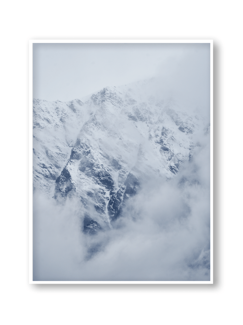 White Silence, fine art landscape print, New Zealand mountain photography, snow-capped mountain wall art, moody alpine photo print, designer winter landscape wall art, fog and snow mountain print, Queenstown mountain art print, luxury home décor, fine art photography for interiors, minimalist wall print, contemporary nature photography, premium giclée print, Melbourne Print Studio, Australian Wall Prints, Scandinavian interior art, mountain range photography print, modern landscape wall décor