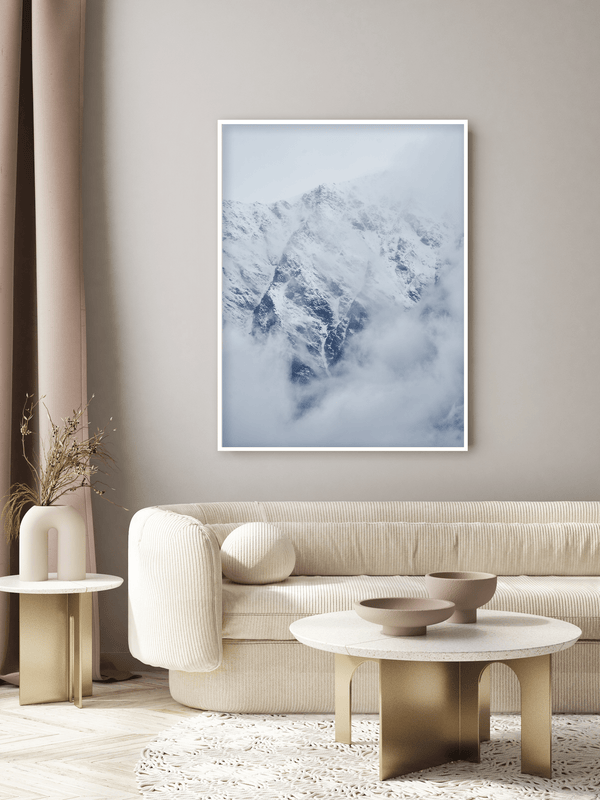 White Silence, fine art landscape print, New Zealand mountain photography, snow-capped mountain wall art, moody alpine photo print, designer winter landscape wall art, fog and snow mountain print, Queenstown mountain art print, luxury home décor, fine art photography for interiors, minimalist wall print, contemporary nature photography, premium giclée print, Melbourne Print Studio, Australian Wall Prints, Scandinavian interior art, mountain range photography print, modern landscape wall décor