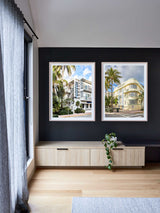 Miami artwork, Miami Poster Art, Mid-Century Architecture Art Print, Mid-Century Architecture Artwork, Architecture Wall Art Print, Architecture photography print, LA Wall Art Print, LA Art Print, interior design art prints, interior design wall art, home décor prints, home décor wall art, wall art prints, Melbourne Print Studio, Australian Wall Art Prints, Los Angeles Wall Art, LA Art, fine-art wall décor. This print option has a white border, so the print has a white border when it is framed.