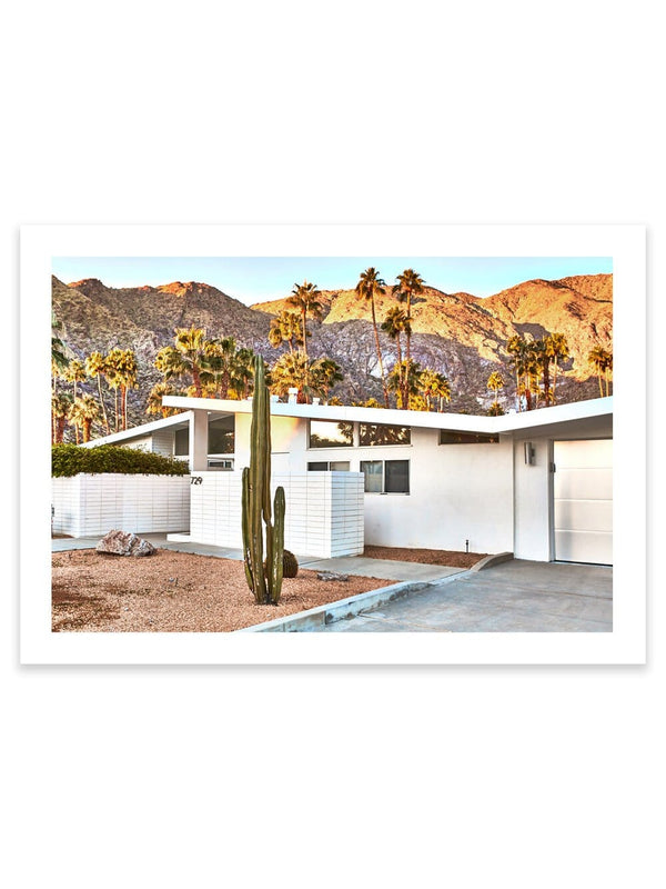 Portrait photography art print artwork of Mid-Century Architecture House Palm Springs, California (Los Angeles). Tropical Palm Trees, Cactus, Desert and Beautiful Sunset Sunrise. This print has a white border (measuring 4cm - 5cm depending on print size), around the print when it is framed as a wall art home décor print interior design. Palm Springs Wall Art, Palm Springs Artwork, Palm Springs Art Print, Palm Springs Poster, Mid-Century Print, Architectural, Modern Photographic Wall Art Print Poster.