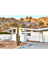Portrait photography art print artwork of Mid-Century Architecture House Palm Springs, California (Los Angeles). Tropical Palm Trees, Cactus, Desert and Beautiful Sunset Sunrise. This portrait print option has no border (is full bleed) so the print goes all the way to the edge when framed as a wall art home décor print interior design. Palm Springs Wall Art, Palm Springs Artwork, Palm Springs Art Print, Palm Springs Poster, Mid-Century Print, Architectural, Modern Photographic Wall Art Print Poster.