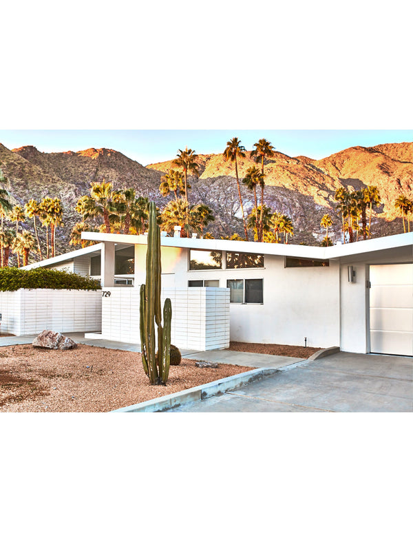 Portrait photography art print artwork of Mid-Century Architecture House Palm Springs, California (Los Angeles). Tropical Palm Trees, Cactus, Desert and Beautiful Sunset Sunrise. This portrait print option has no border (is full bleed) so the print goes all the way to the edge when framed as a wall art home décor print interior design. Palm Springs Wall Art, Palm Springs Artwork, Palm Springs Art Print, Palm Springs Poster, Mid-Century Print, Architectural, Modern Photographic Wall Art Print Poster.