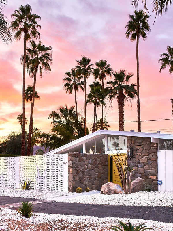 Portrait photography art print artwork of Mid-Century Architecture House Palm Springs, California (Los Angeles). Tropical Palm Trees, Cactus, Desert and Beautiful Sunset Sunrise. This portrait print option has no border (is full bleed) so the print goes all the way to the edge when framed as a wall art home décor print interior design. Palm Springs Wall Art, Palm Springs Artwork, Palm Springs Art Print, Palm Springs Poster, Mid-Century Print, Architectural, Modern Photographic Wall Art Print Poster.