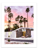 Portrait photography art print artwork of Mid-Century Architecture House Palm Springs, California (Los Angeles). Tropical Palm Trees, Cactus, Desert and Beautiful Sunset Sunrise. This print has a white border (measuring 4cm - 5cm depending on print size), around the print when it is framed as a wall art home décor print interior design. Palm Springs Wall Art, Palm Springs Artwork, Palm Springs Art Print, Palm Springs Poster, Mid-Century Print, Architectural, Modern Photographic Wall Art Print Poster.
