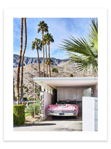Portrait photography art print Mid-Century Architecture House Palm Springs, California (Los Angeles) Vintage Pink Cadillac Car. Tropical Palm Trees, Cactus. This portrait print option has no border (is full bleed) so the print goes all the way to the edge when framed as a wall art home décor print interior design. Palm Springs Wall Art, Palm Springs Artwork, Palm Springs Art Print, Palm Springs Poster, Mid-Century Print Poster, Architectural, Modern Photographic Wall Art Print Poster, Car Print Artwork.