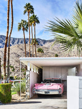 Portrait photography art print Mid-Century Architecture House Palm Springs, California (Los Angeles) Vintage Pink Cadillac Car. Tropical Palm Trees, Cactus. This print has a white border (measuring 4cm - 5cm depending on print size), around the print when it is framed as a wall art home décor print interior design. Palm Springs Wall Art, Palm Springs Artwork, Palm Springs Art Print, Palm Springs Poster, Mid-Century Print Poster, Architectural, Modern Photographic Wall Art Print Poster, Car Print Artwork.