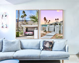 This picture shows two portraits or a diptych of ‘Pink Cadillac’ paired with our ‘Palm Desert House’ portrait photography print shot in Palm Springs, California near Los Angeles. These wall art print poster artworks pair to create a unique interior décor for your wall and home interior. Artworks have been printed with no border (or full bleed), so the print extends to the edge once framed. Palm Springs Wall Art, Palm Springs Artwork, Palm Springs Art Print, Car Artwork, Car Print Poster.